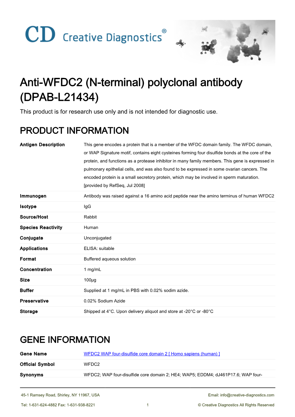 Anti-WFDC2 (N-Terminal) Polyclonal Antibody (DPAB-L21434) This Product Is for Research Use Only and Is Not Intended for Diagnostic Use
