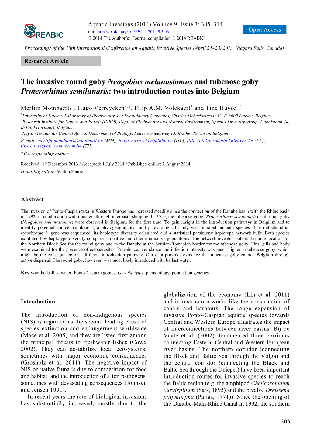 The Invasive Round Goby Neogobius Melanostomus and Tubenose Goby Proterorhinus Semilunaris: Two Introduction Routes Into Belgium