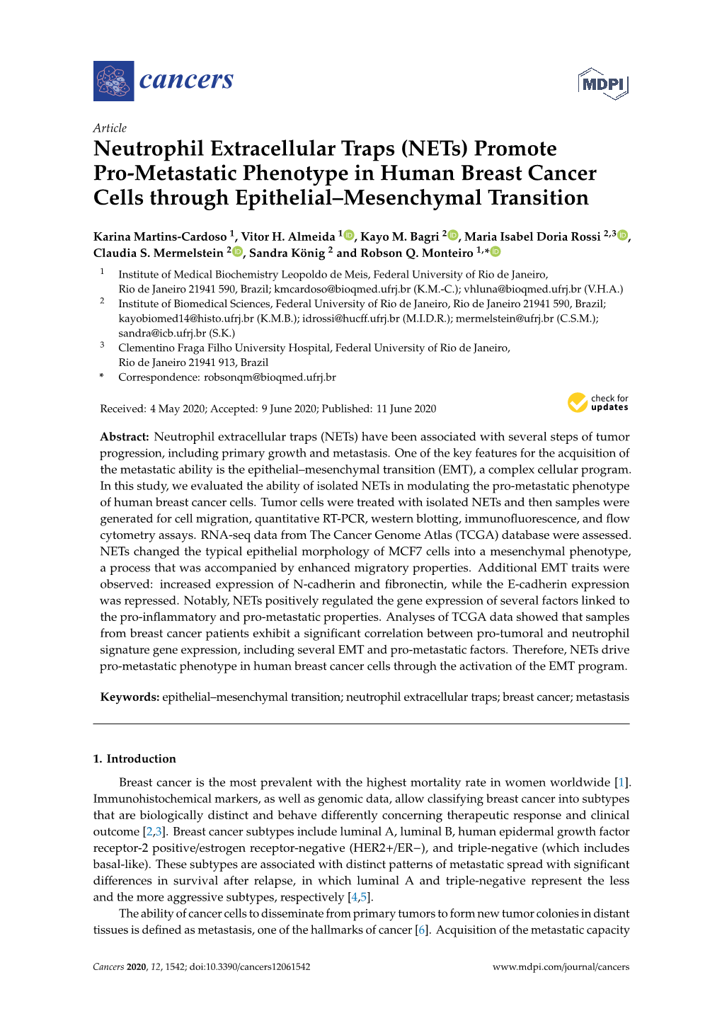 Neutrophil Extracellular Traps (Nets) Promote Pro-Metastatic Phenotype in Human Breast Cancer Cells Through Epithelial–Mesenchymal Transition