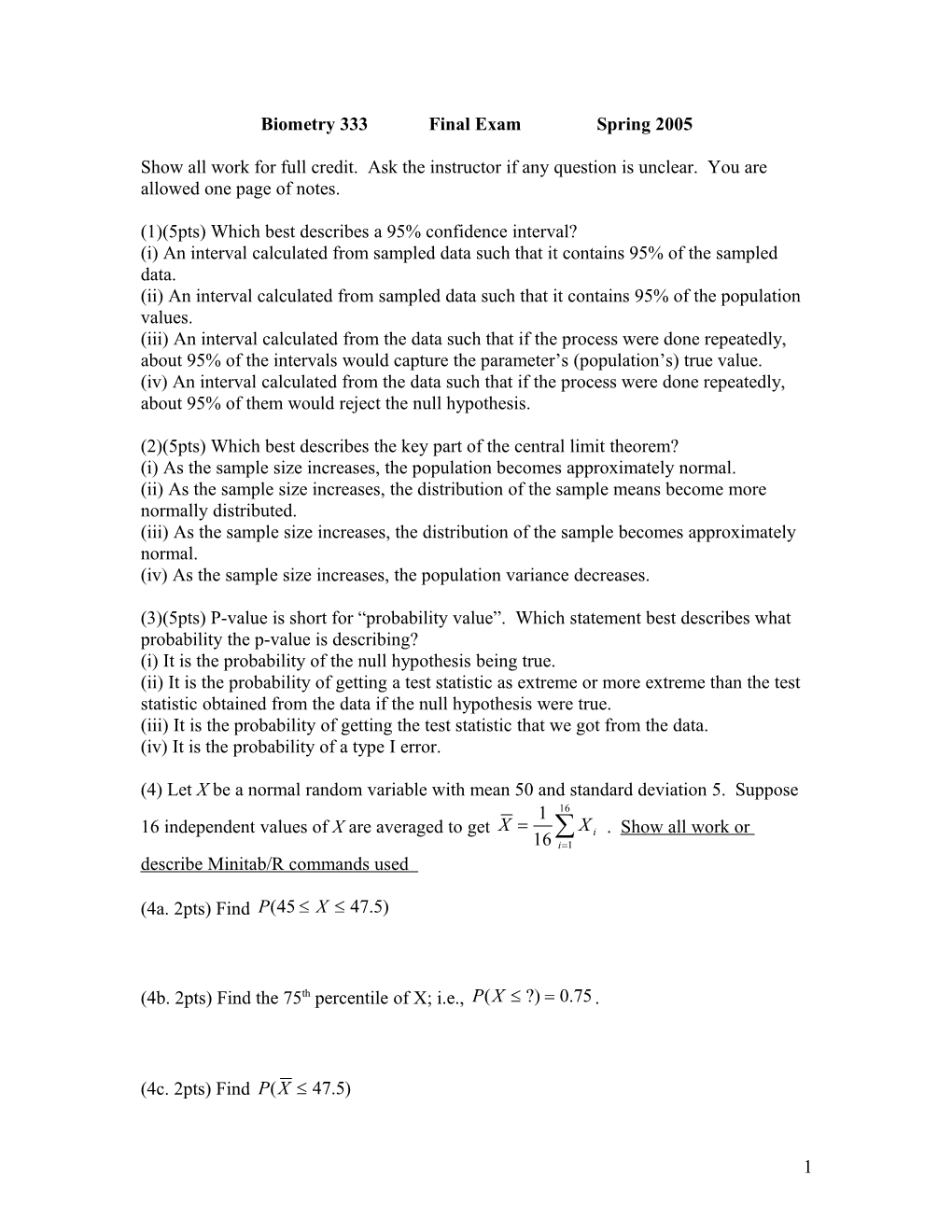 Biometry 333 Final Exam Spring 2005