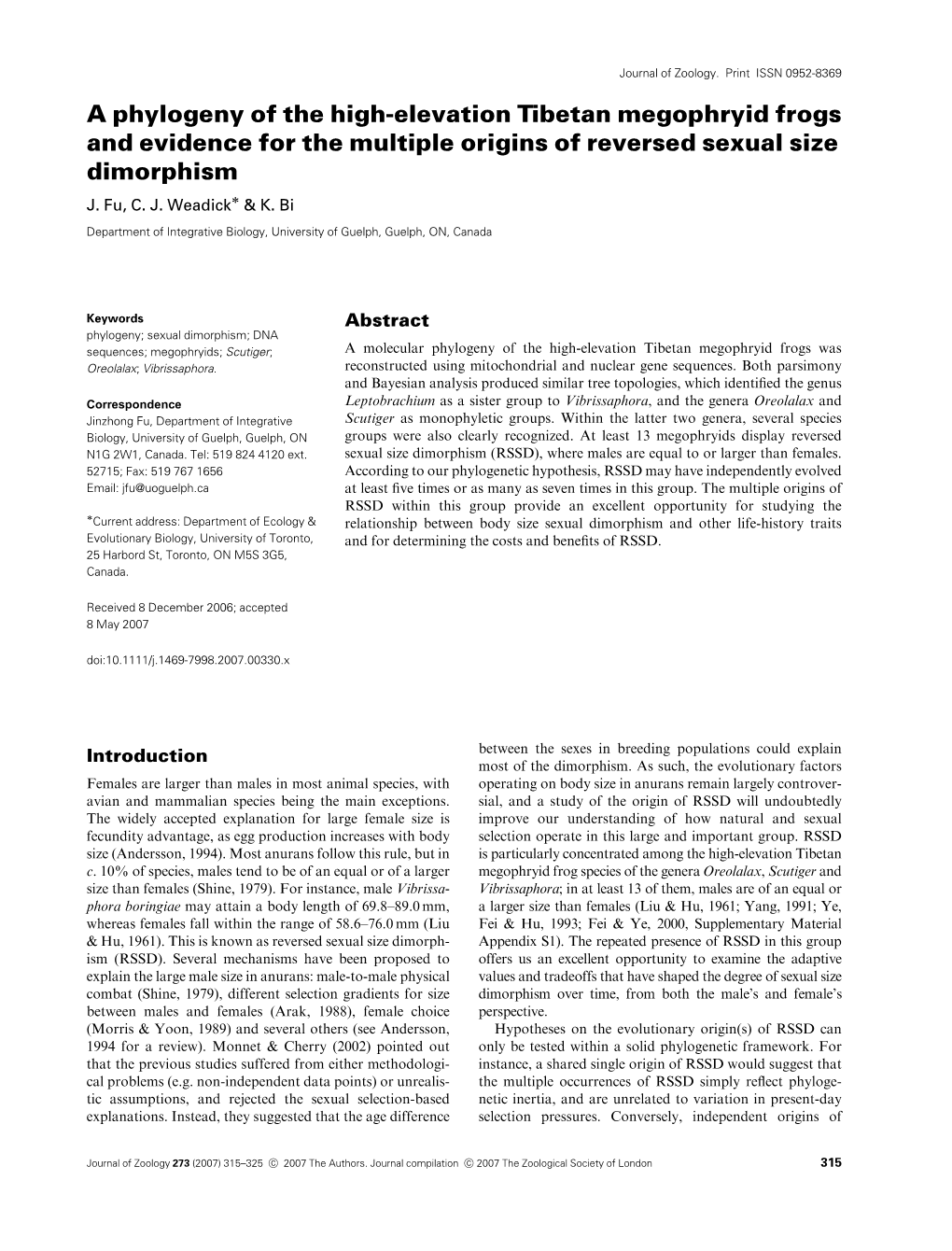 A Phylogeny of the High-Elevation Tibetan Megophryid Frogs and Evidence for the Multiple Origins of Reversed Sexual Size Dimorphism J