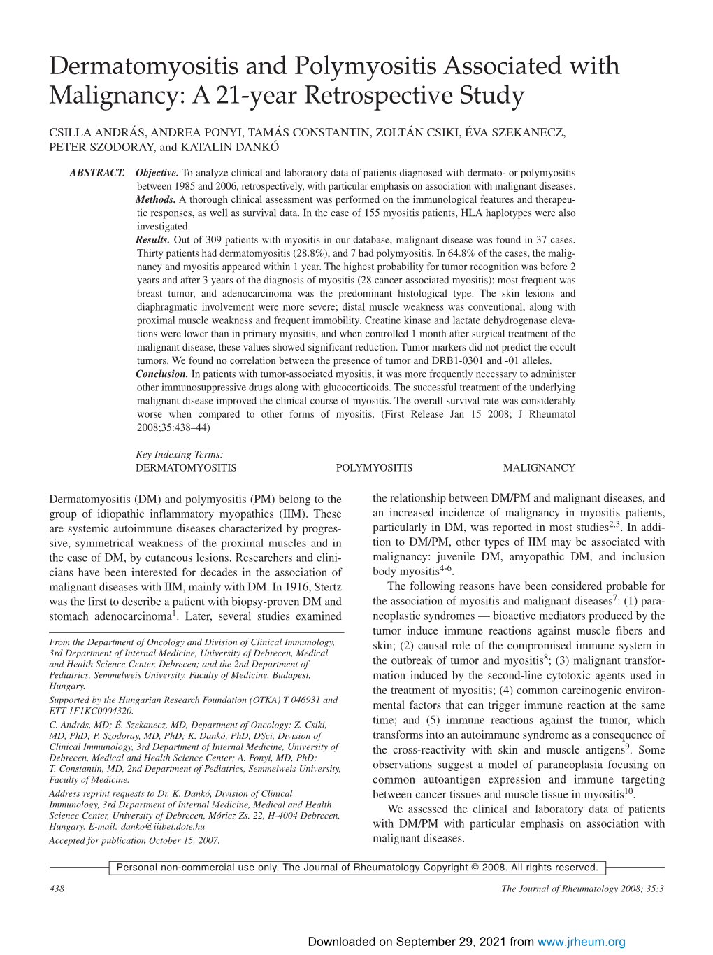 Dermatomyositis and Polymyositis Associated with Malignancy: a 21-Year Retrospective Study