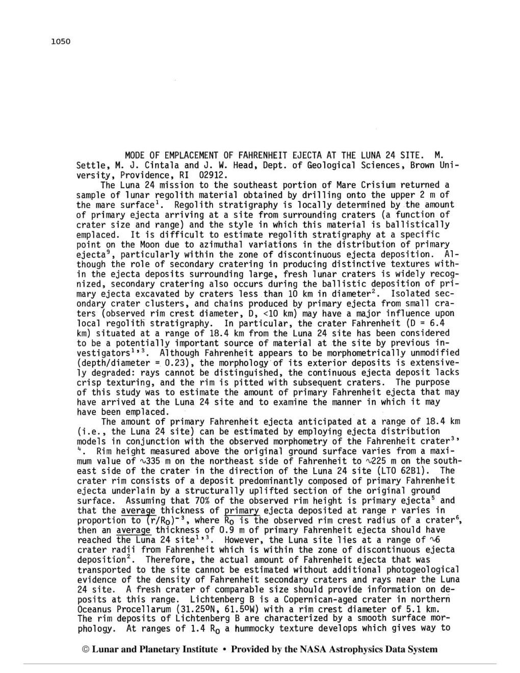 0 Lunar and Planetary Institute Provided by the NASA Astrophysics Data System EMPLACEMENT of FAHRENHEIT EJECTA