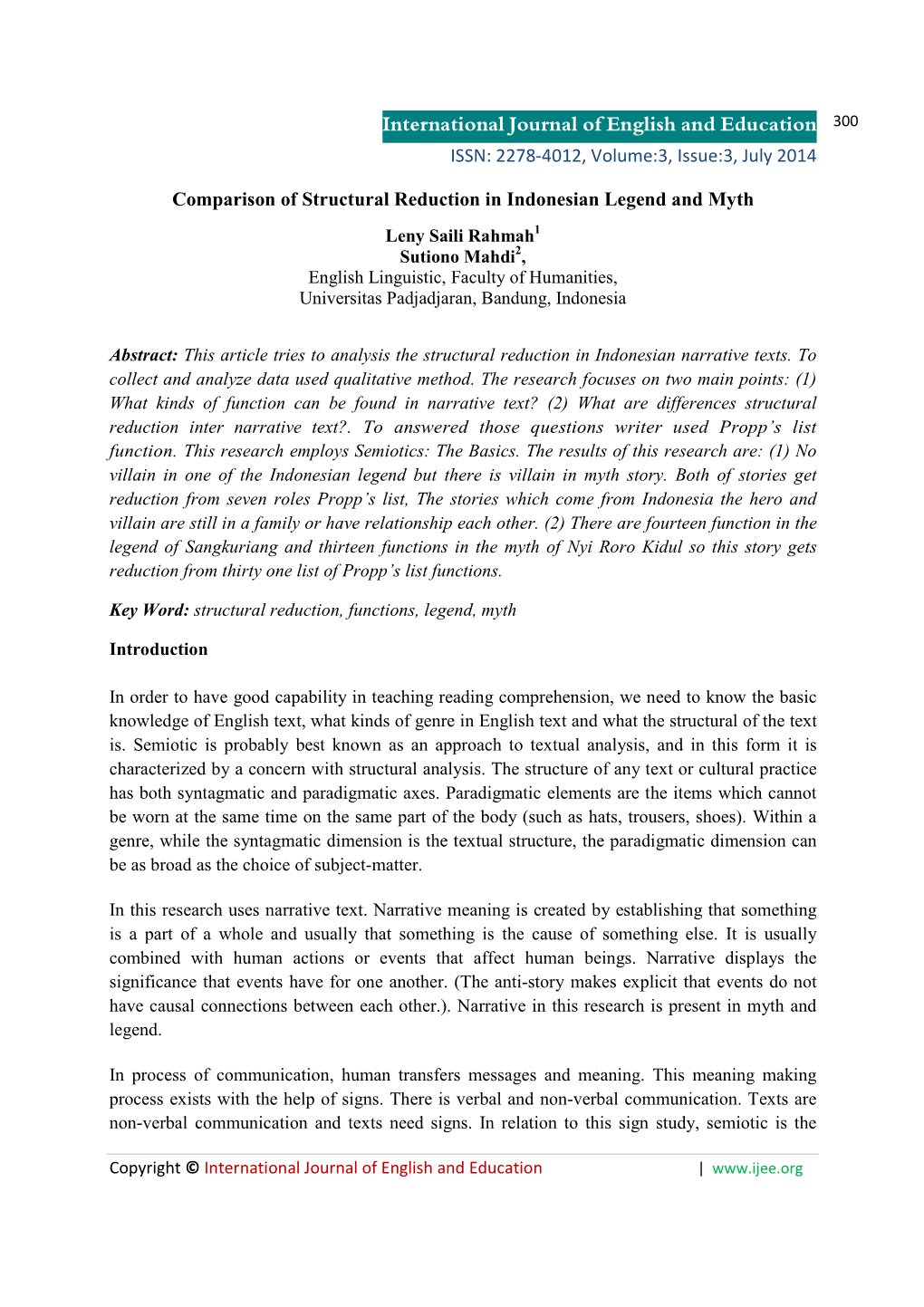 International Journal of English and Education 300 ISSN: 2278-4012, Volume:3, Issue:3, July 2014