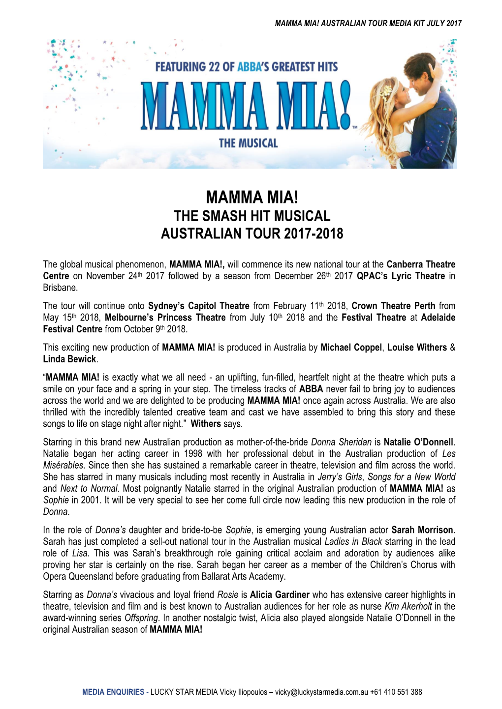 Mamma Mia! the Smash Hit Musical Australian Tour 2017-2018