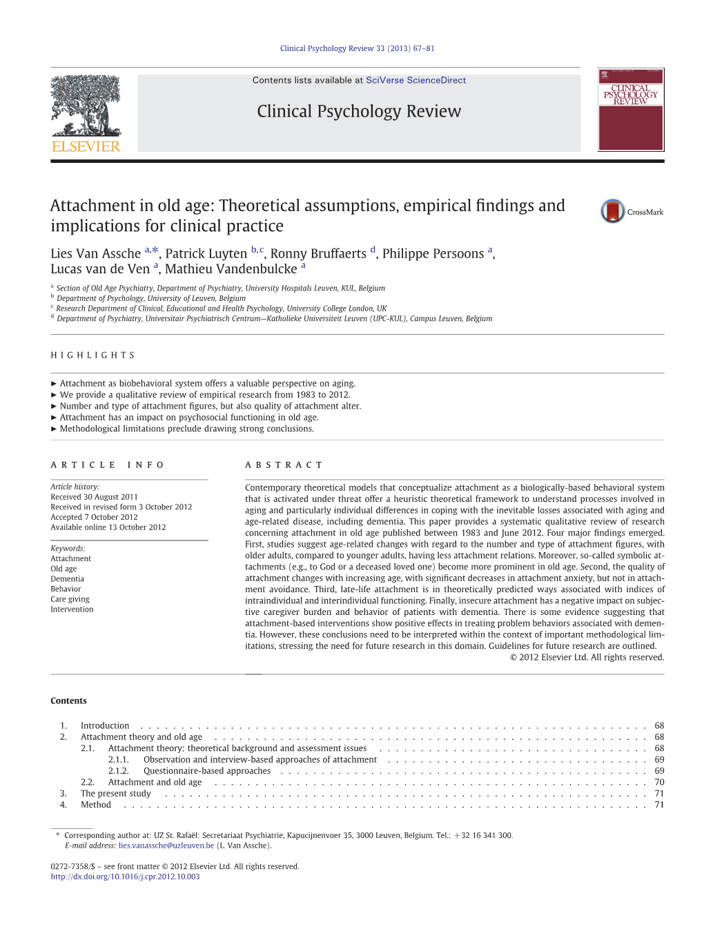 Attachment in Old Age: Theoretical Assumptions, Empirical ﬁndings and Implications for Clinical Practice