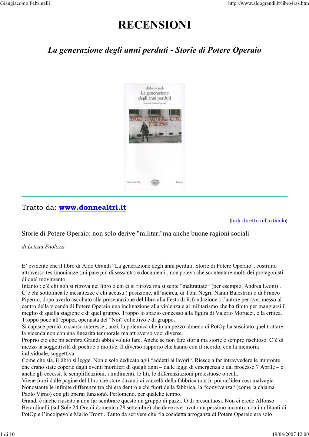 La Generazione Degli Anni Perduti - Storie Di Potere Operaio