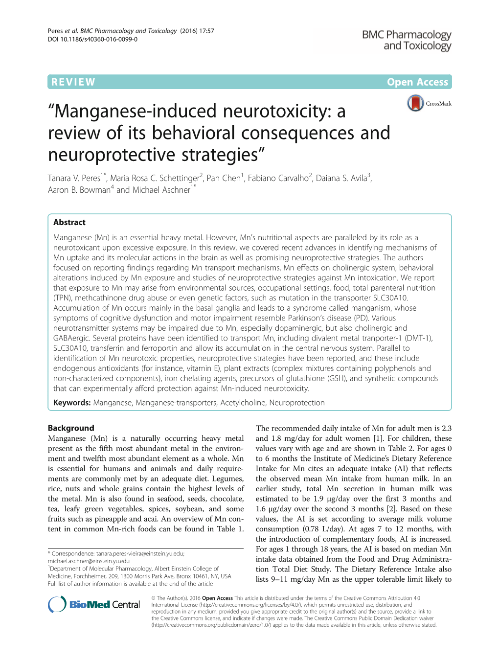 “Manganese-Induced Neurotoxicity: a Review of Its Behavioral Consequences and Neuroprotective Strategies” Tanara V