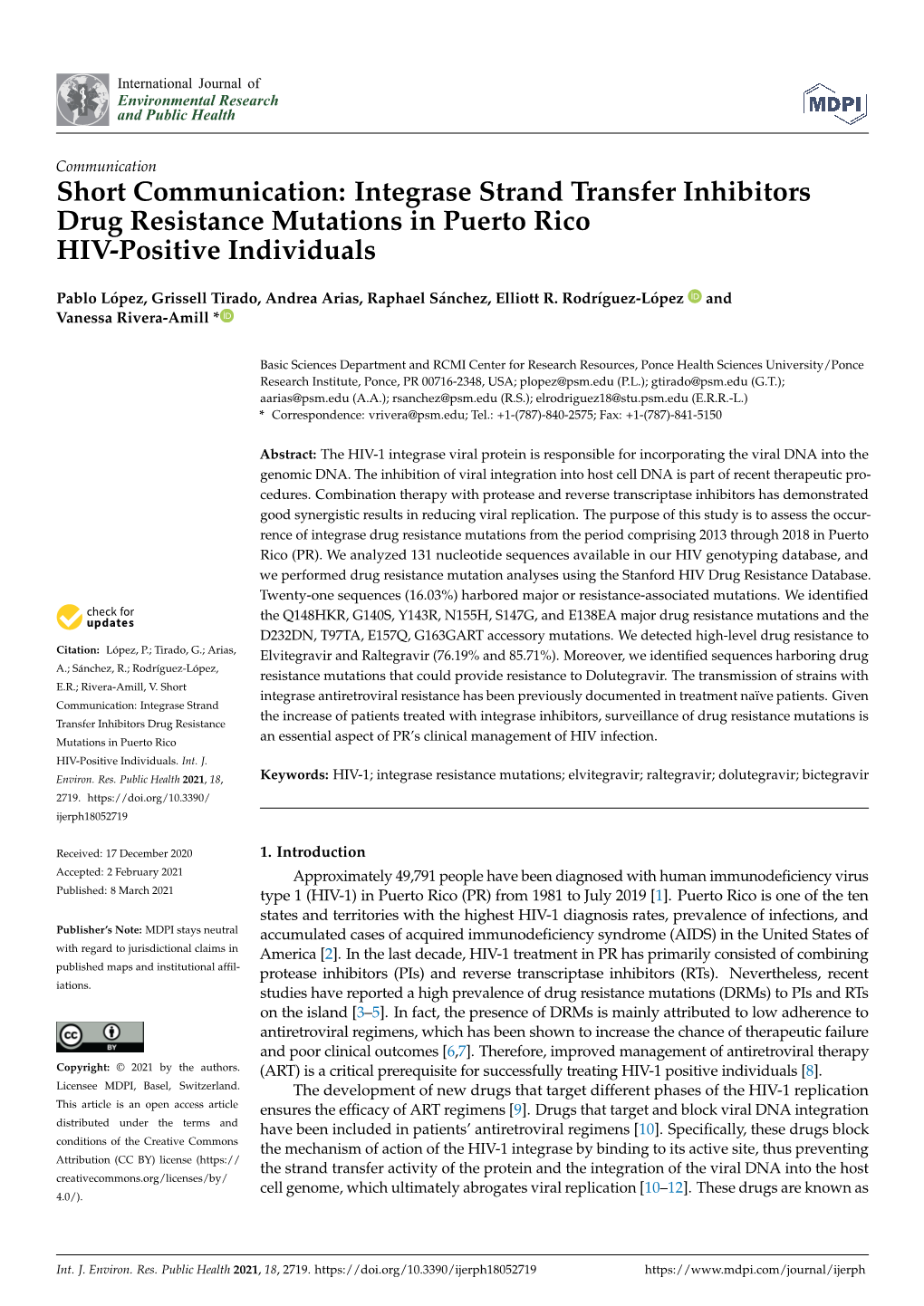 Integrase Strand Transfer Inhibitors Drug Resistance Mutations in Puerto Rico HIV-Positive Individuals