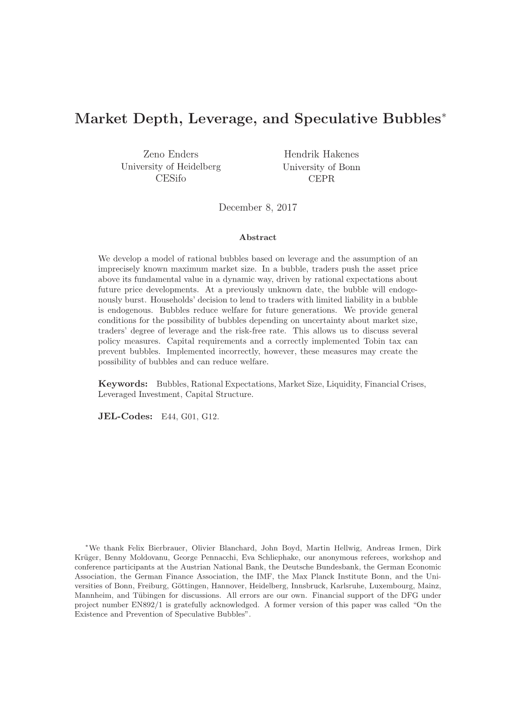 Market Depth, Leverage, and Speculative Bubbles∗