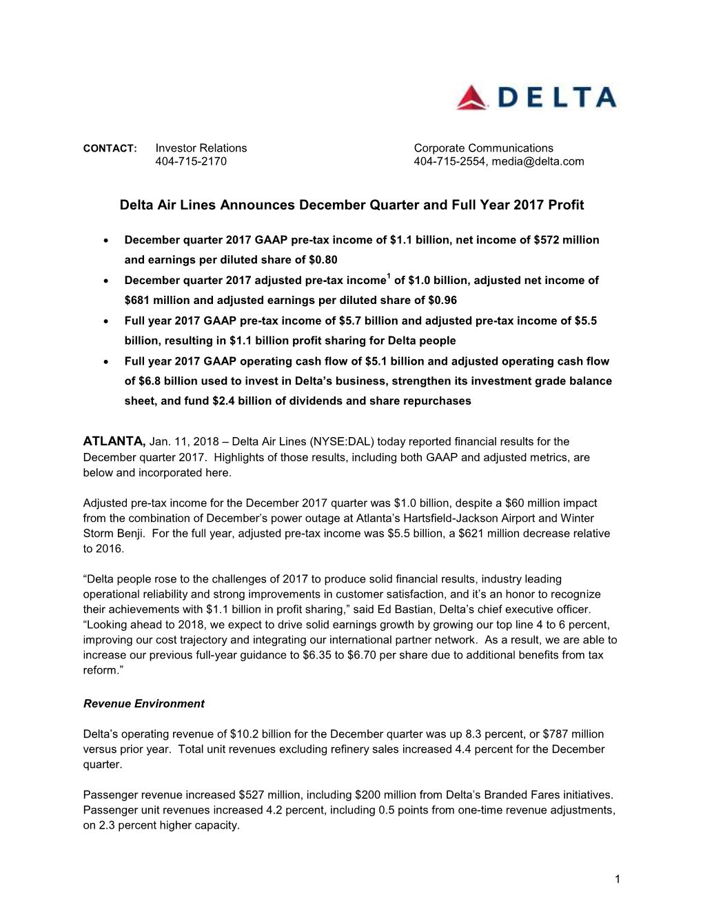 Delta Air Lines Announces December Quarter and Full Year 2017 Profit