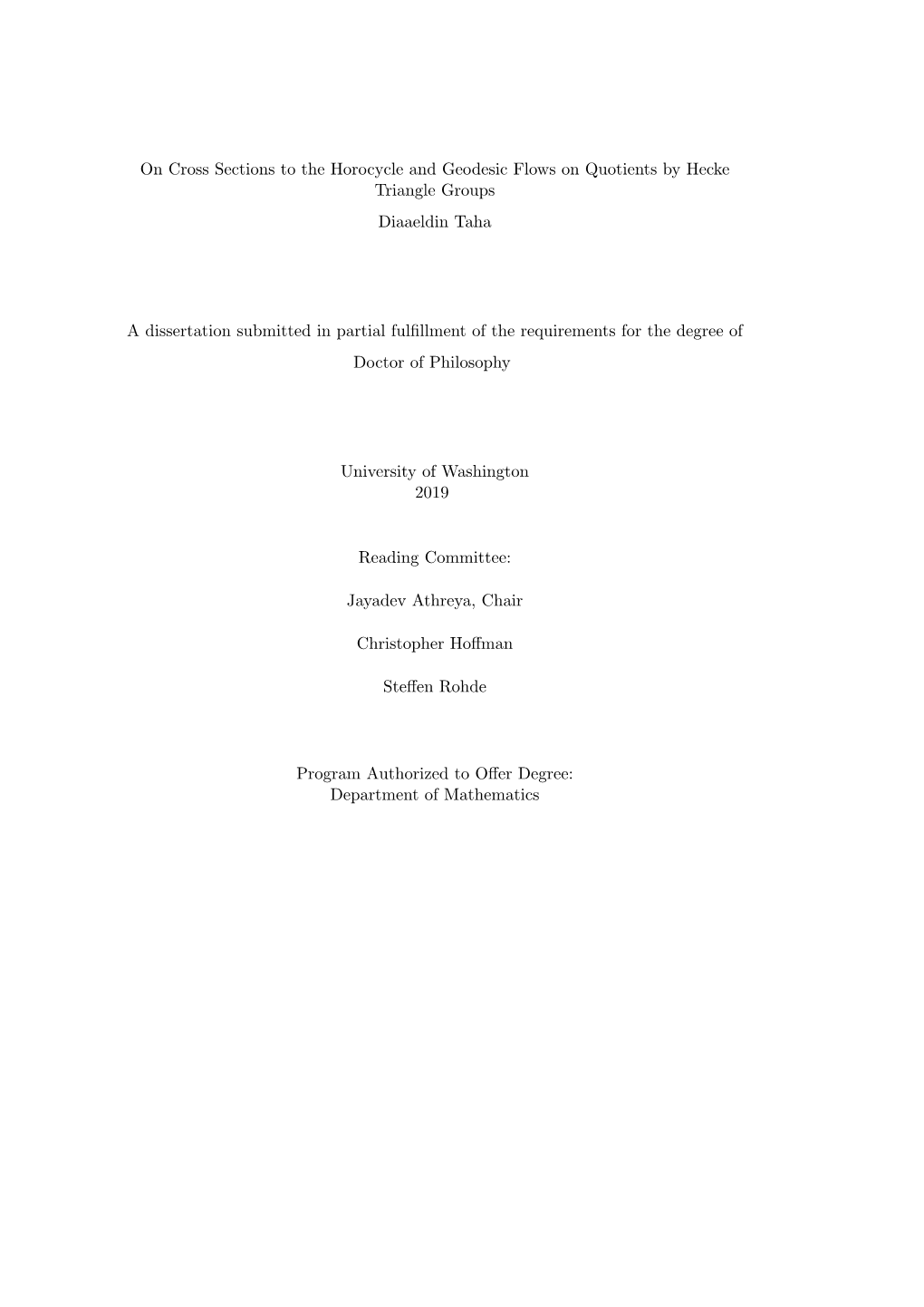 On Cross Sections to the Horocycle and Geodesic Flows on Quotients by Hecke Triangle Groups Diaaeldin Taha