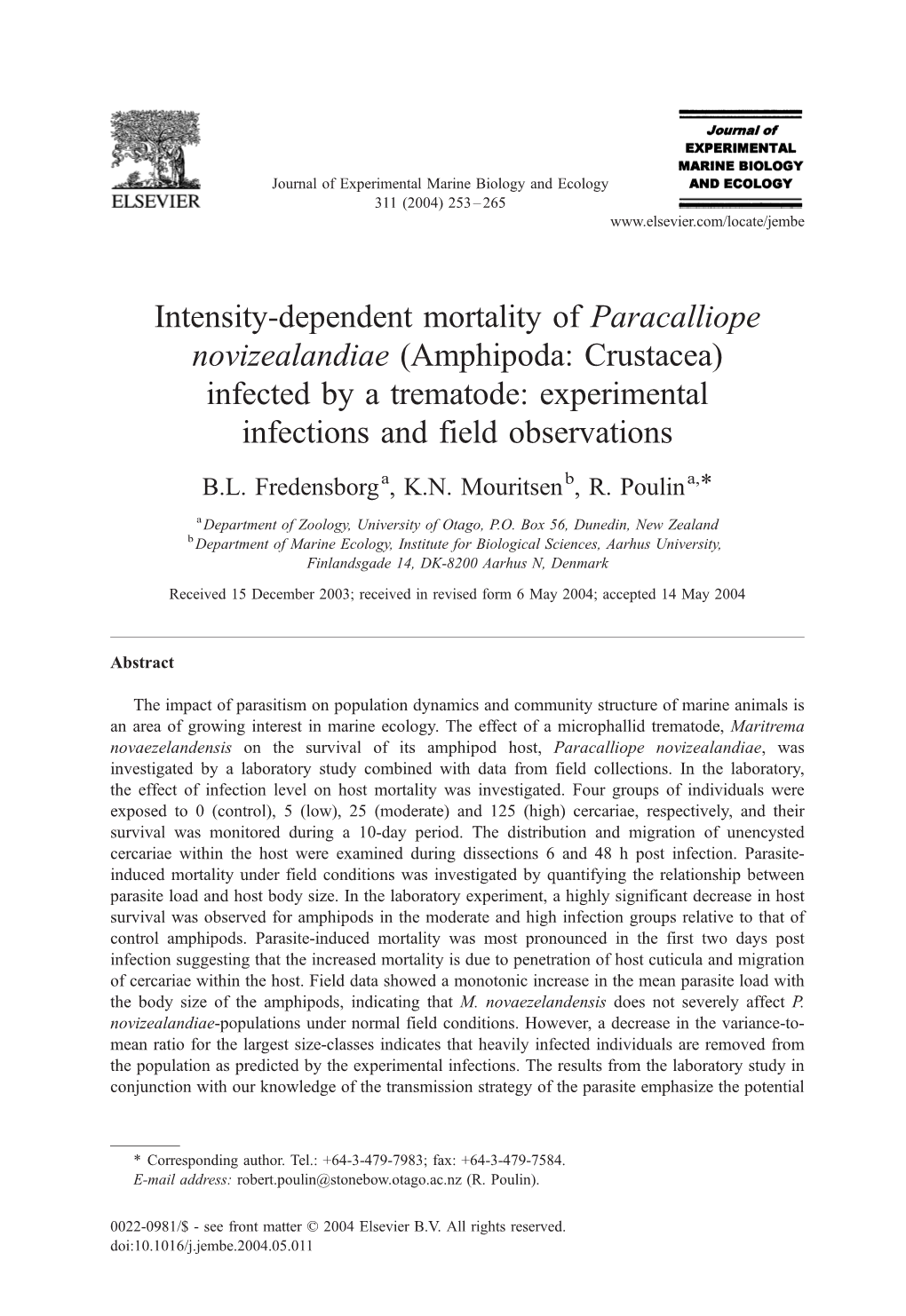Intensity-Dependent Mortality of Paracalliope Novizealandiae (Amphipoda: Crustacea) Infected by a Trematode: Experimental Infections and Field Observations