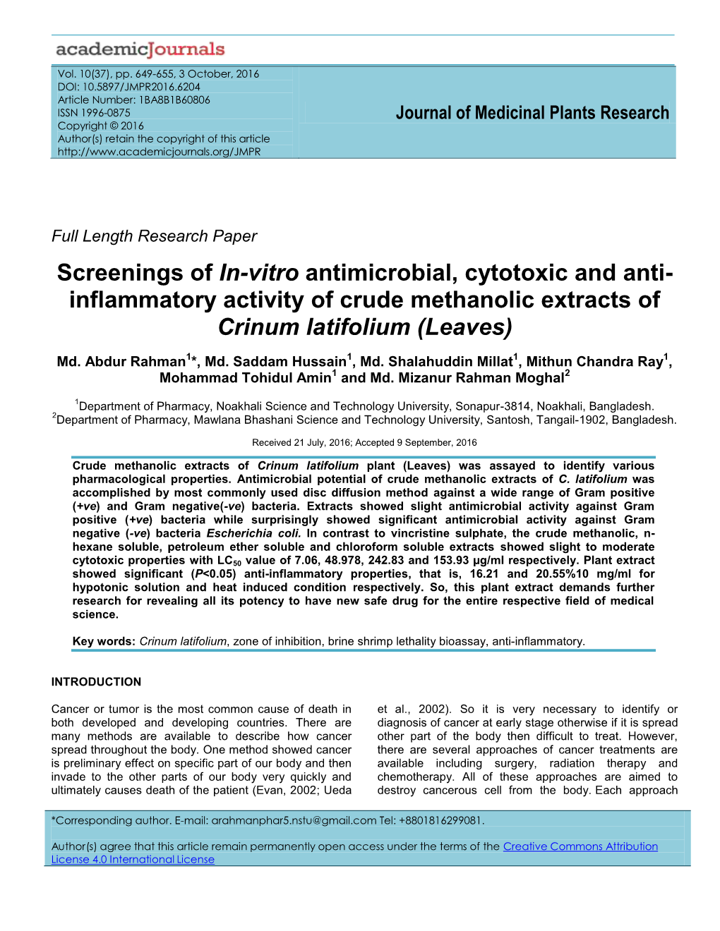 Inflammatory Activity of Crude Methanolic Extracts of Crinum Latifolium (Leaves)