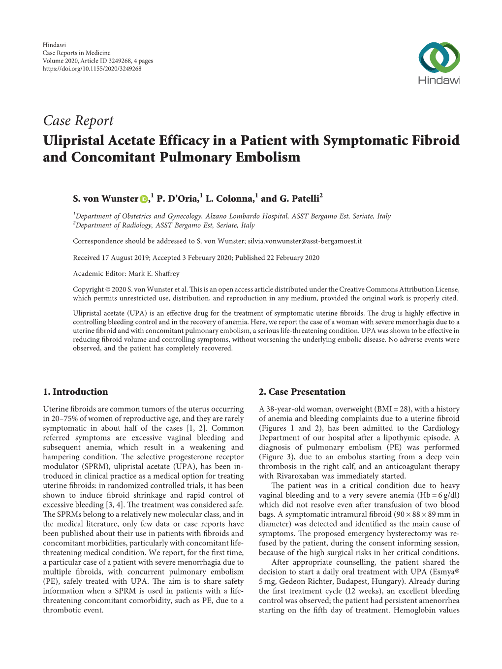 Ulipristal Acetate Efficacy in a Patient with Symptomatic Fibroid and Concomitant Pulmonary Embolism