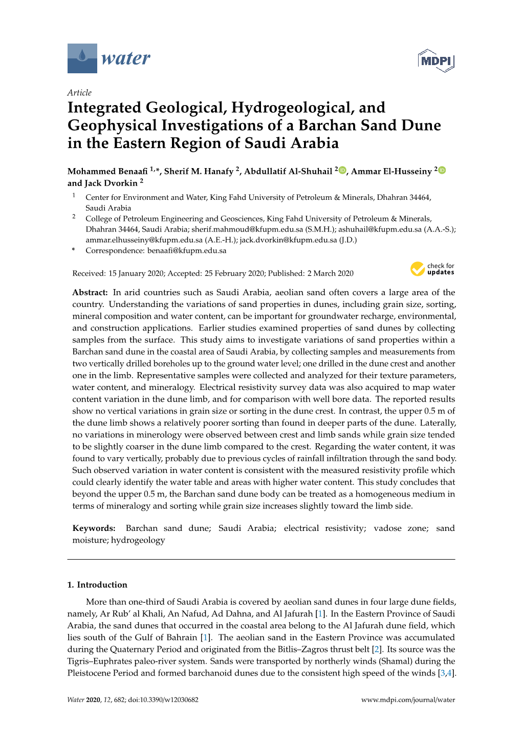 Integrated Geological, Hydrogeological, and Geophysical Investigations of a Barchan Sand Dune in the Eastern Region of Saudi Arabia
