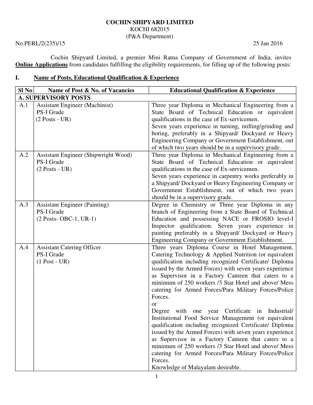 1 COCHIN SHIPYARD LIMITED KOCHI 682015 (P&A Department