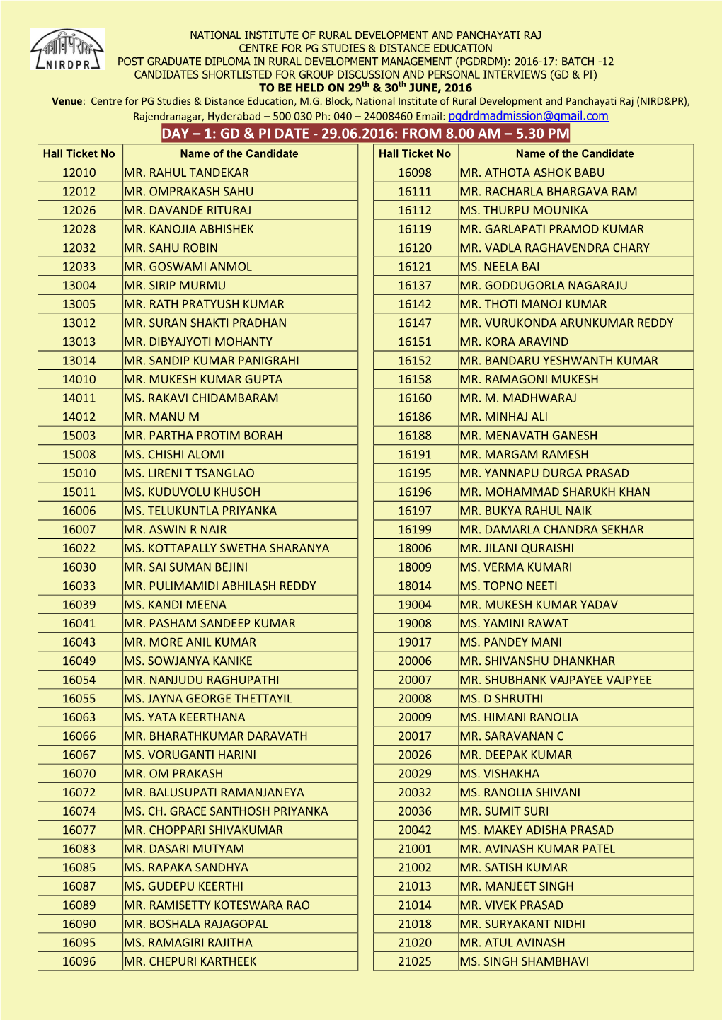 PGDRDM 2016-17 Batch-12 Selected Candidates for GD&PI on 29 Th & 30