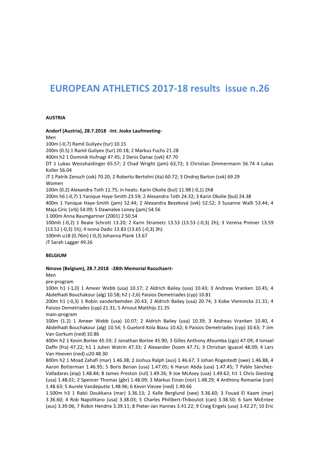 EUROPEAN ATHLETICS 2017-18 Results Issue N.26