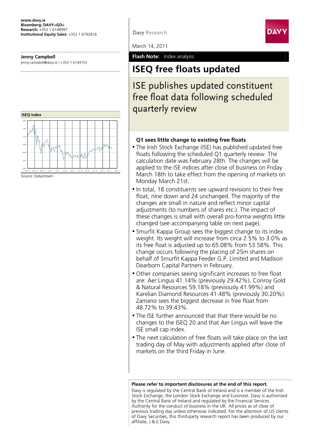 ISE Publishes Updated Constituent Free Float Data Following Scheduled Quarterly Review ISEQ Index