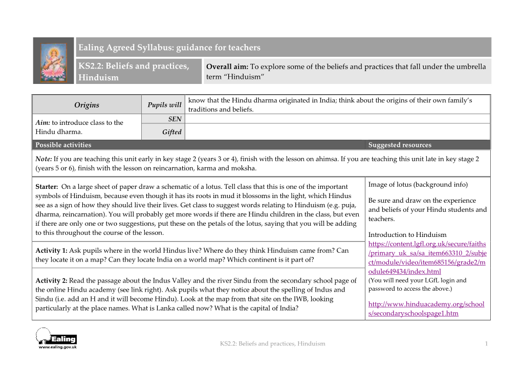 Guidance for Teachers KS2.2: Beliefs and Practices, Hinduism