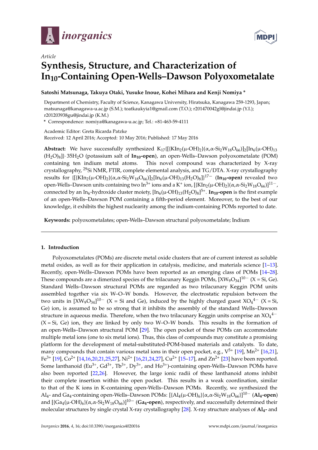 Synthesis, Structure, and Characterization of In10-Containing Open-Wells–Dawson Polyoxometalate