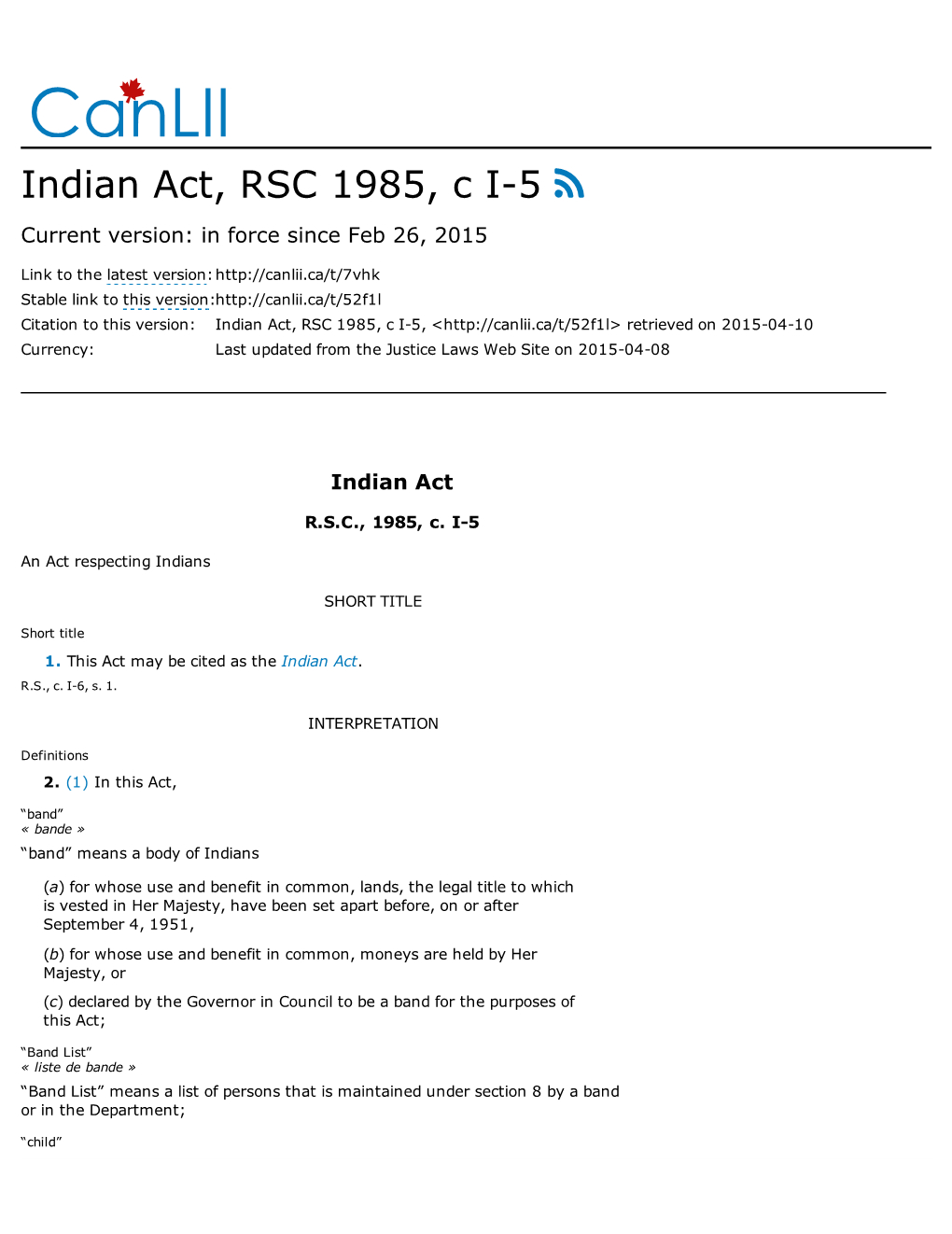 Indian Act, RSC 1985, C I­5