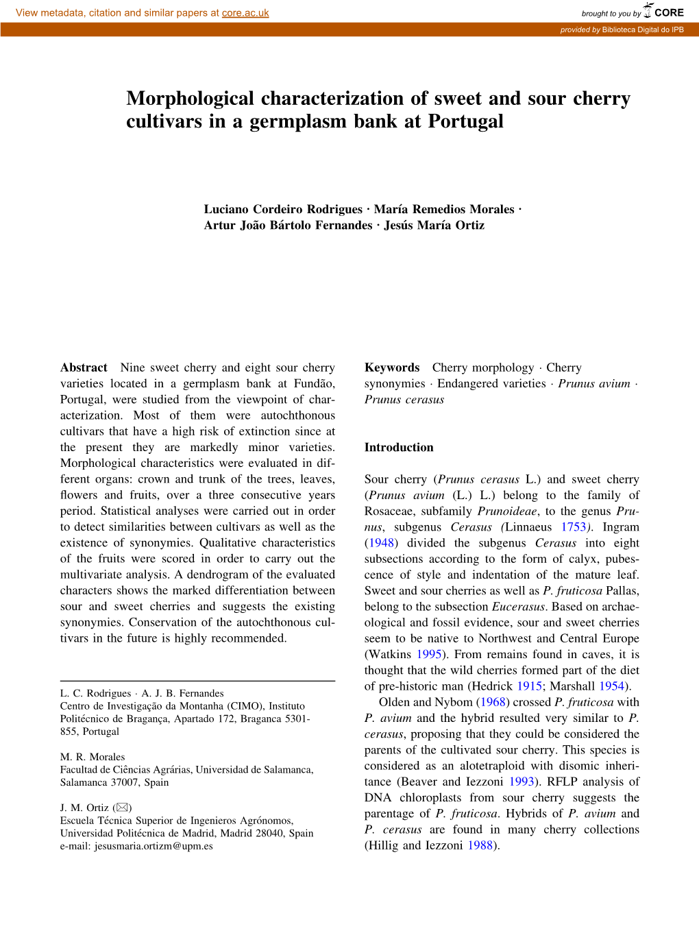 Morphological Characterization of Sweet and Sour Cherry Cultivars in a Germplasm Bank at Portugal