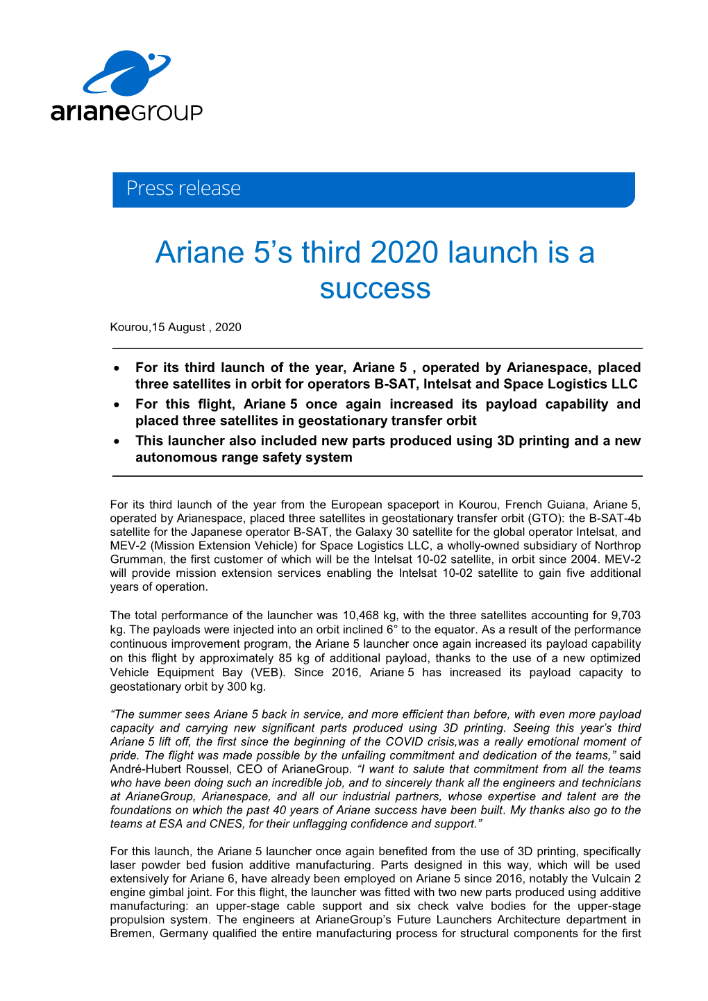 Ariane 5'S Third 2020 Launch Is a Success