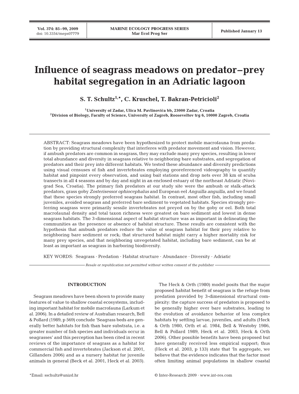 Influence of Seagrass Meadows on Predator–Prey Habitat Segregation in an Adriatic Lagoon