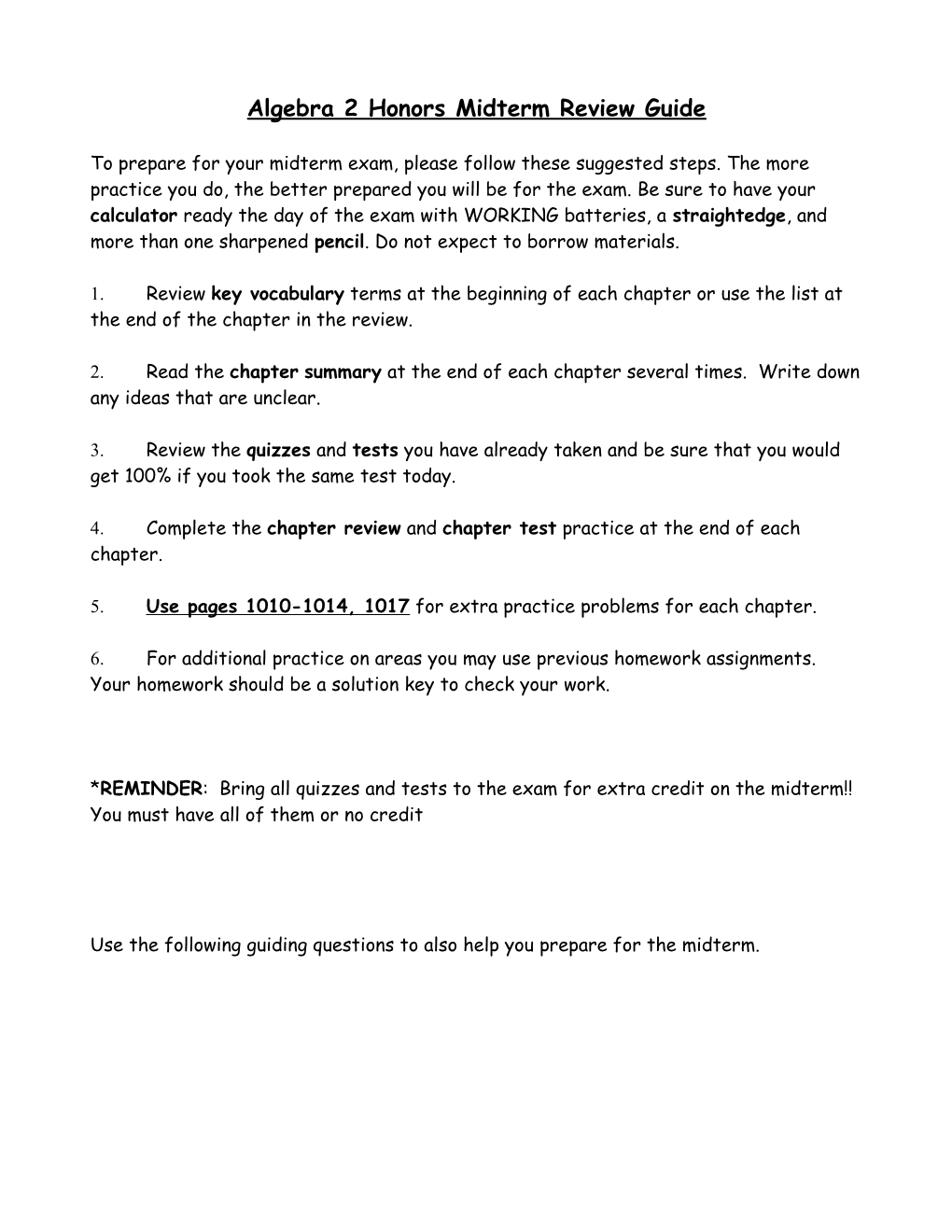 Algebra 2 Honors Midterm Review Guide