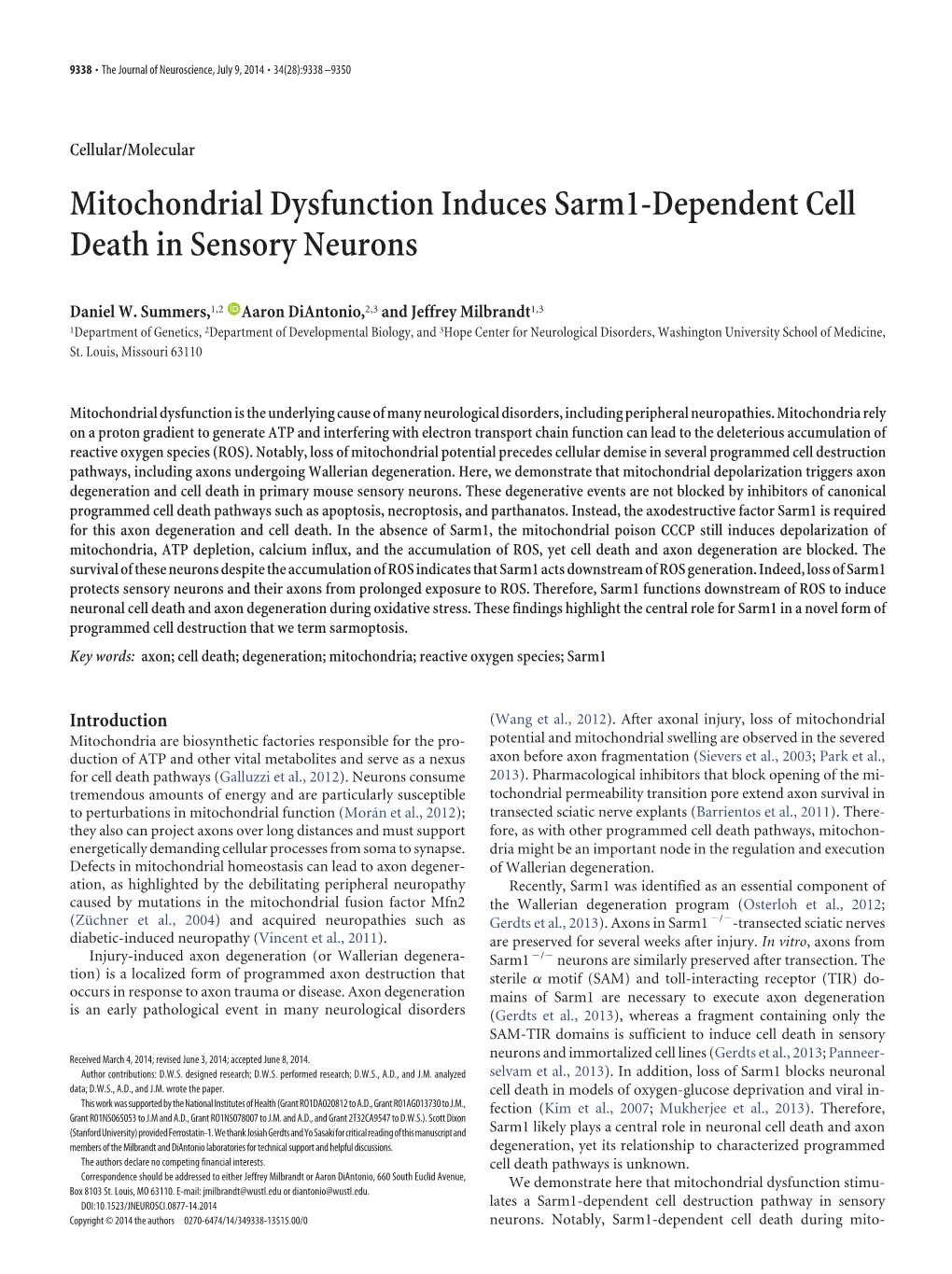 Mitochondrial Dysfunction Induces Sarm1-Dependent Cell Death in Sensory Neurons