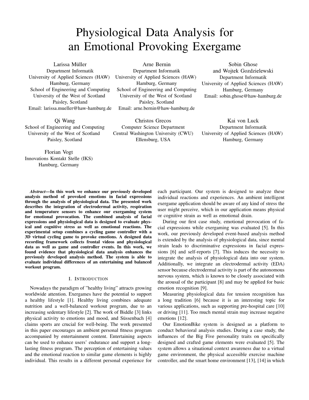 Physiological Data Analysis for an Emotional Provoking Exergame