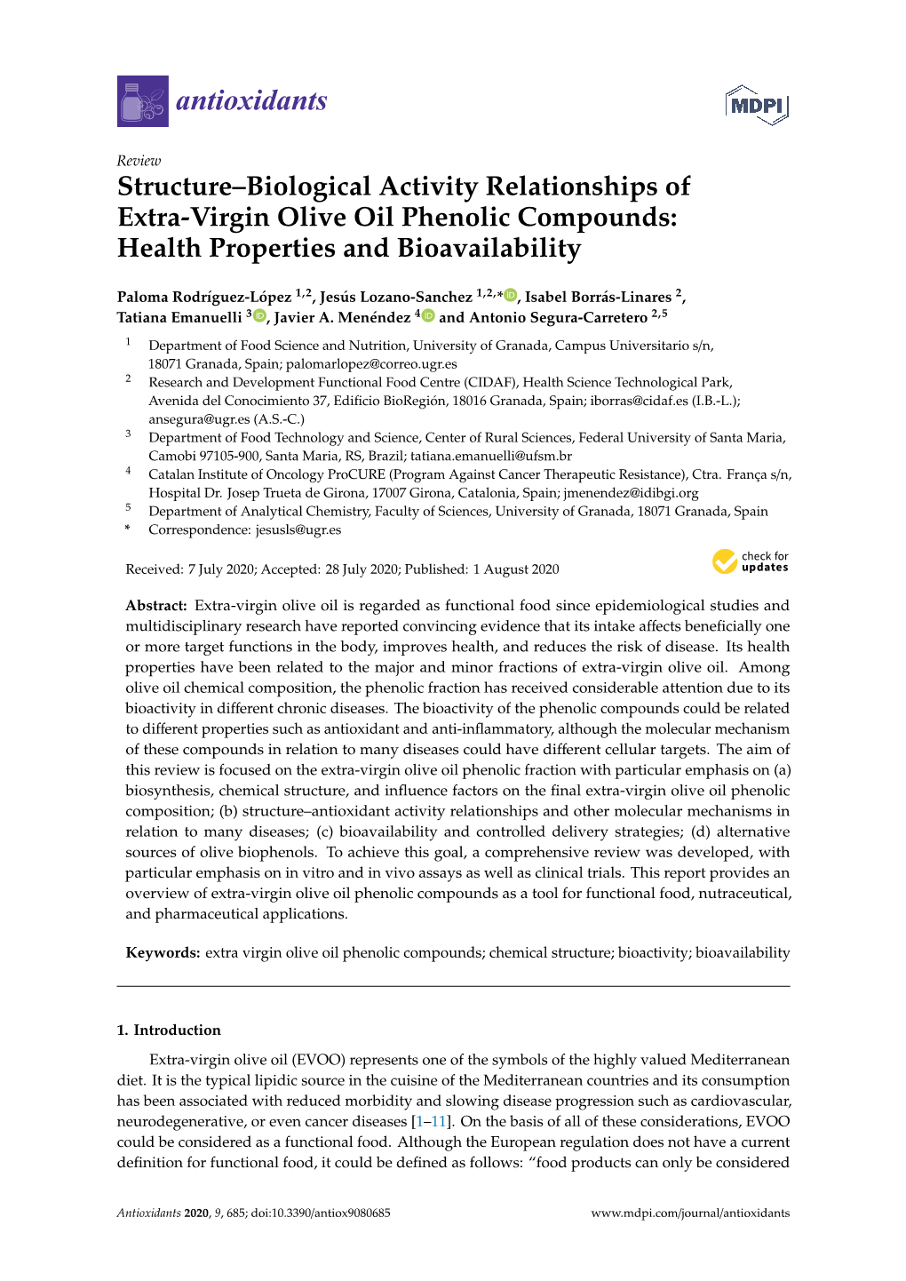 Structure–Biological Activity Relationships of Extra-Virgin Olive Oil Phenolic Compounds: Health Properties and Bioavailability