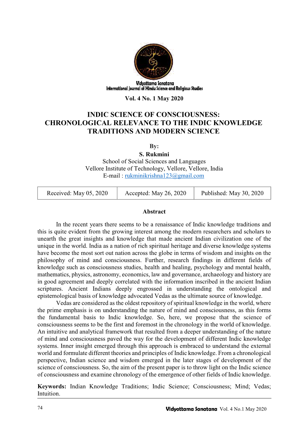 Indic Science of Consciousness: Chronological Relevance to the Indic Knowledge Traditions and Modern Science