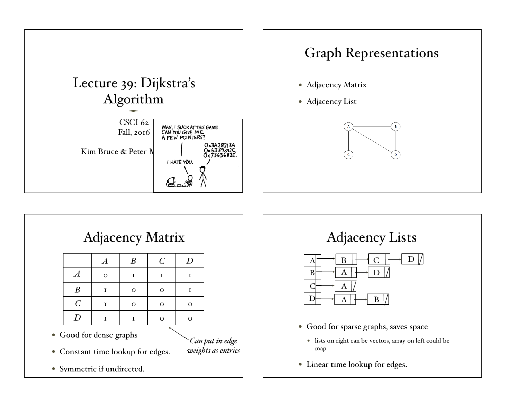 Lecture 39: Dijkstra's Algorithm Graph Representations Adjacency Matrix Adjacency Lists