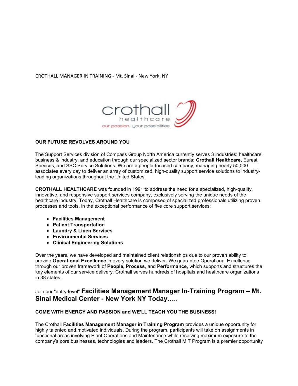 CROTHALL MANAGER in TRAINING - Mt. Sinai - New York, NY