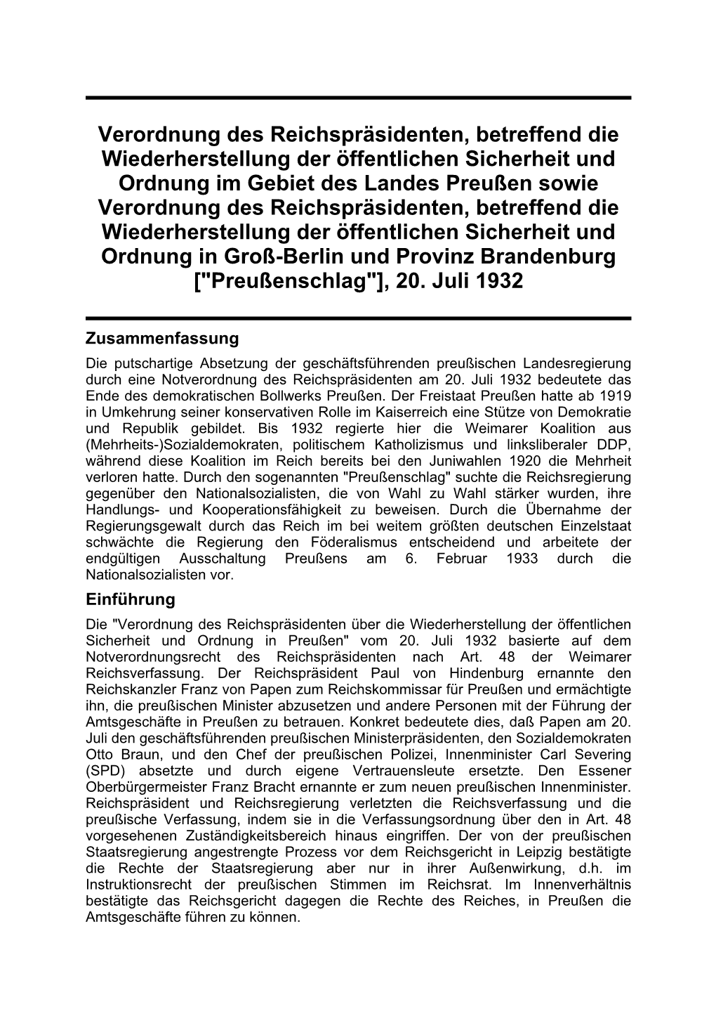 Verordnung Des Reichspräsidenten, Betreffend Die Wiederherstellung