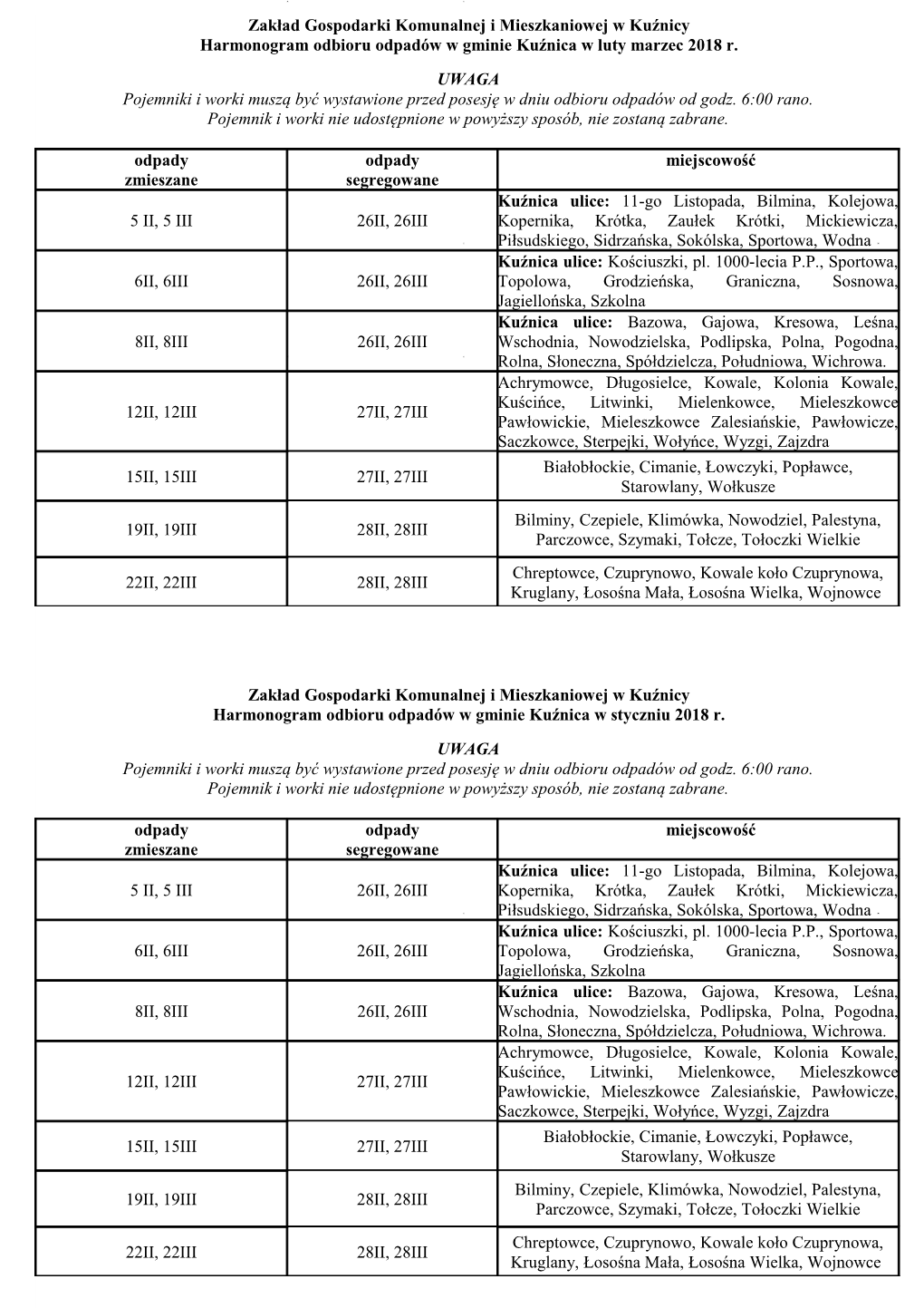 Zakład Gospodarki Komunalnej I Mieszkaniowej W Kuźnicy Harmonogram Odbioru Odpadów W Gminie Kuźnica W Luty Marzec 2018 R