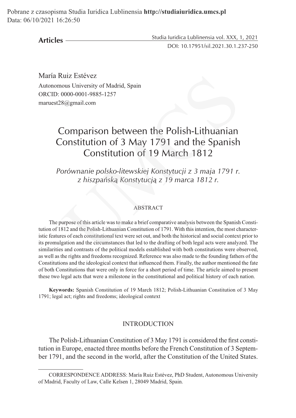 Comparison Between the Polish-Lithuanian Constitution of 3 May 1791 and the Spanish Constitution of 19 March 1812