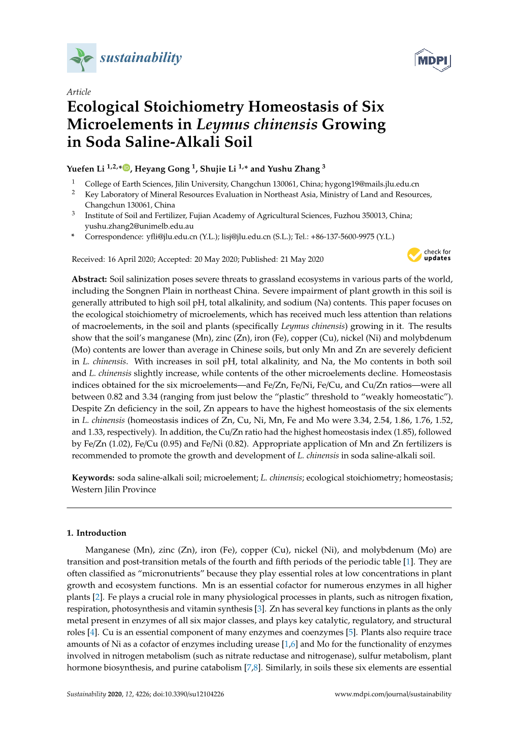 Ecological Stoichiometry Homeostasis of Six Microelements in Leymus Chinensis Growing in Soda Saline-Alkali Soil