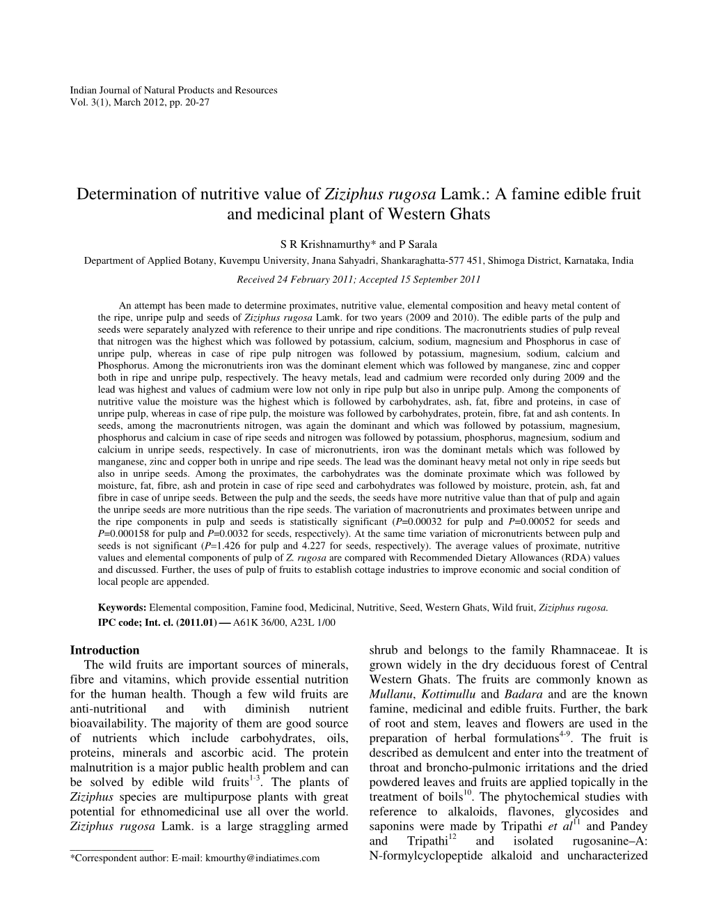 Determination of Nutritive Value of Ziziphus Rugosa Lamk.: a Famine Edible Fruit and Medicinal Plant of Western Ghats