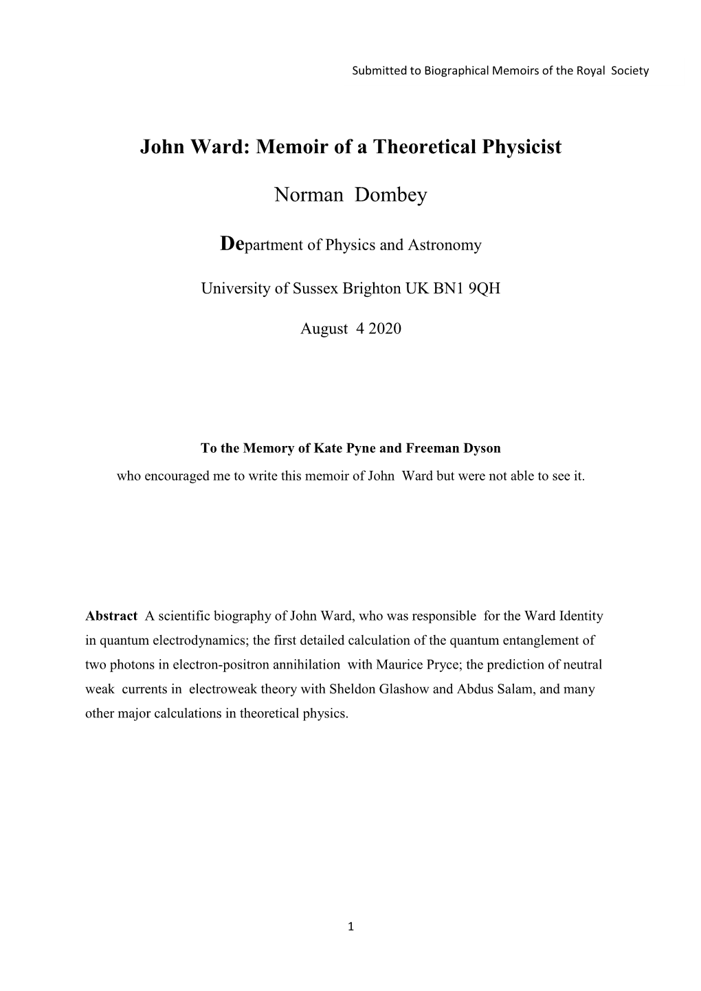 John Ward: Memoir of a Theoretical Physicist