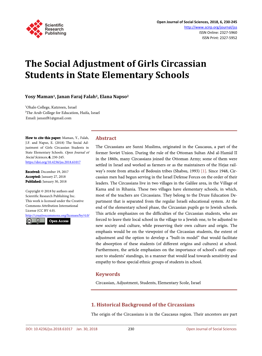 The Social Adjustment of Girls Circassian Students in State Elementary Schools