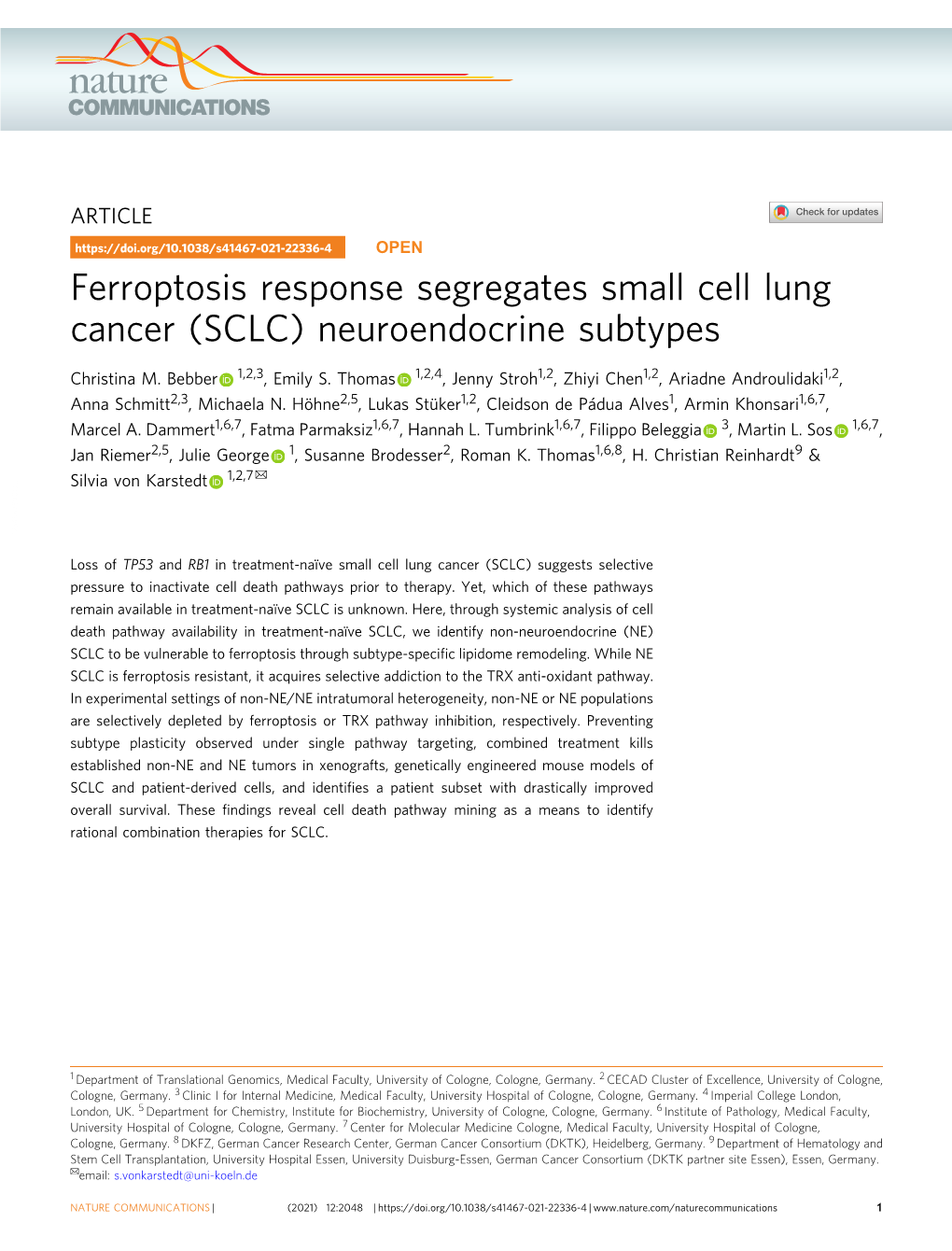 Ferroptosis Response Segregates Small Cell Lung Cancer (SCLC) Neuroendocrine Subtypes