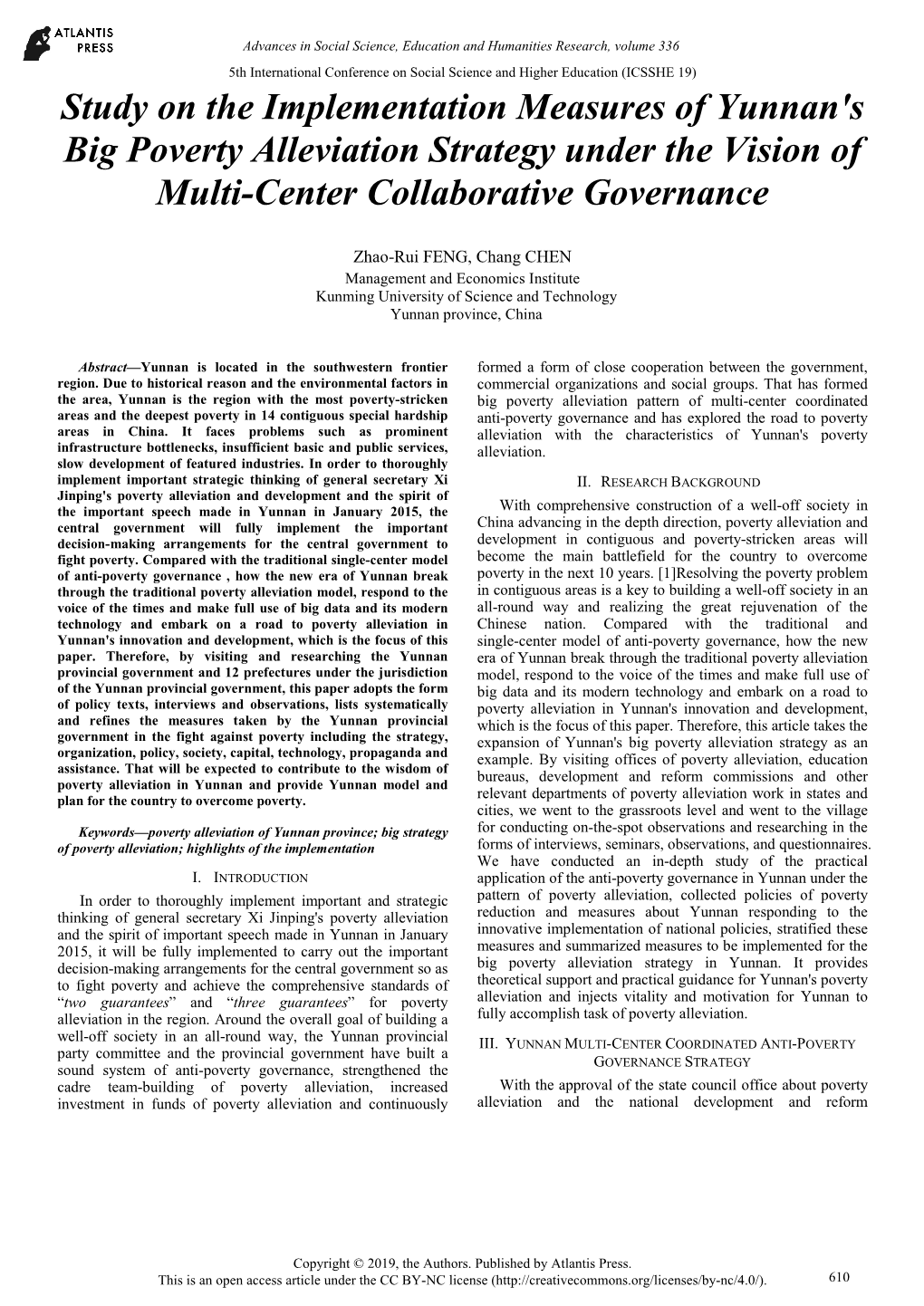 Study on the Implementation Measures of Yunnan's Big Poverty Alleviation Strategy Under the Vision of Multi-Center Collaborative Governance