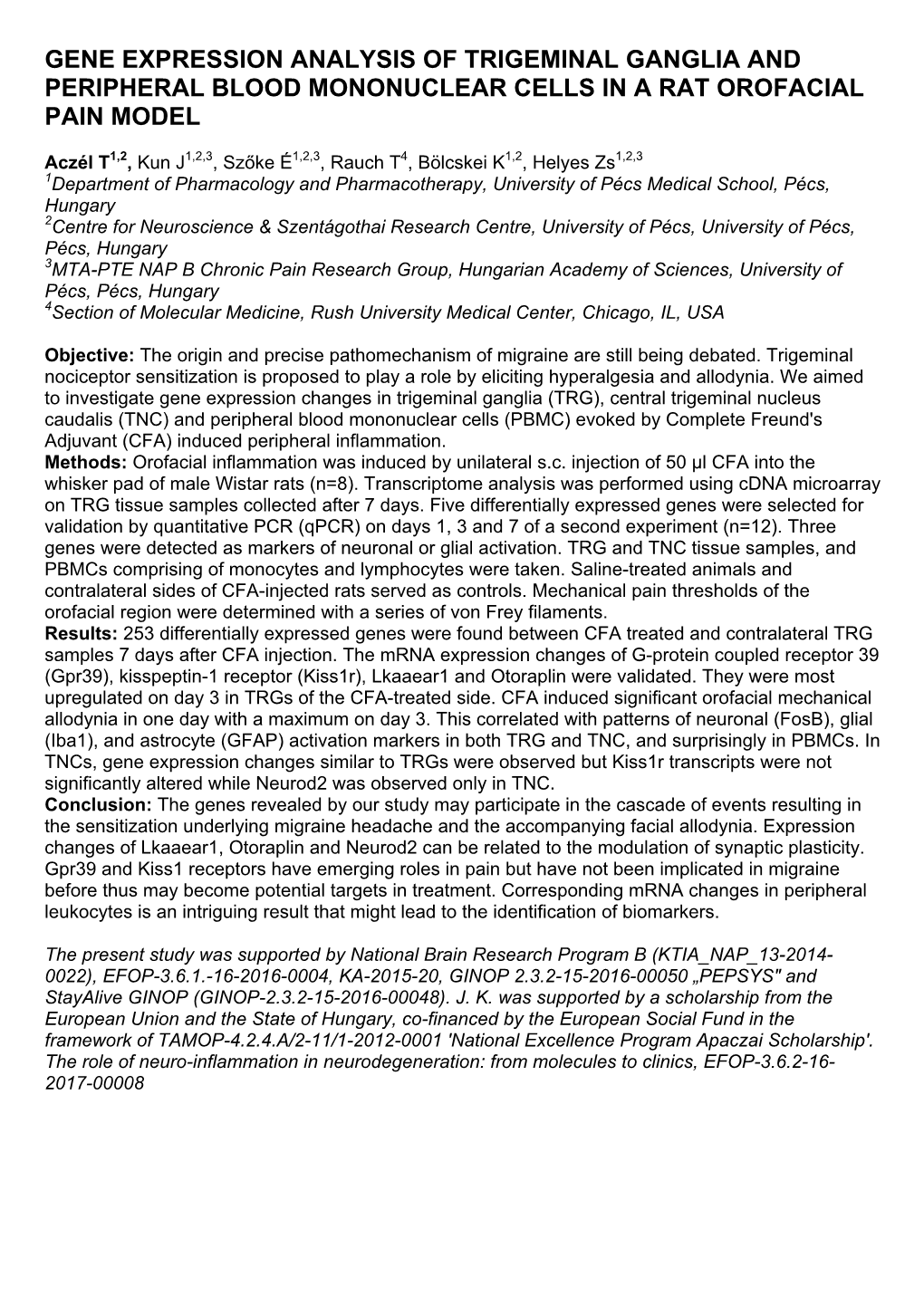 Gene Expression Analysis of Trigeminal Ganglia and Peripheral Blood Mononuclear Cells in a Rat Orofacial Pain Model