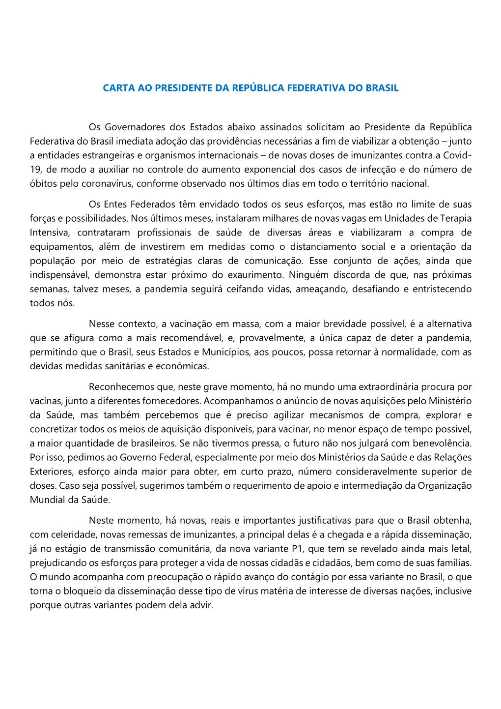 Carta Ao Presidente Da República Federativa Do Brasil