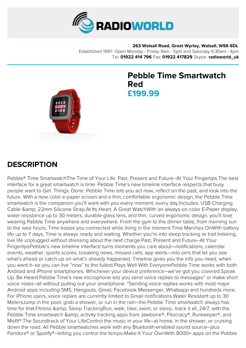Pebble Time Smartwatch Red £199.99