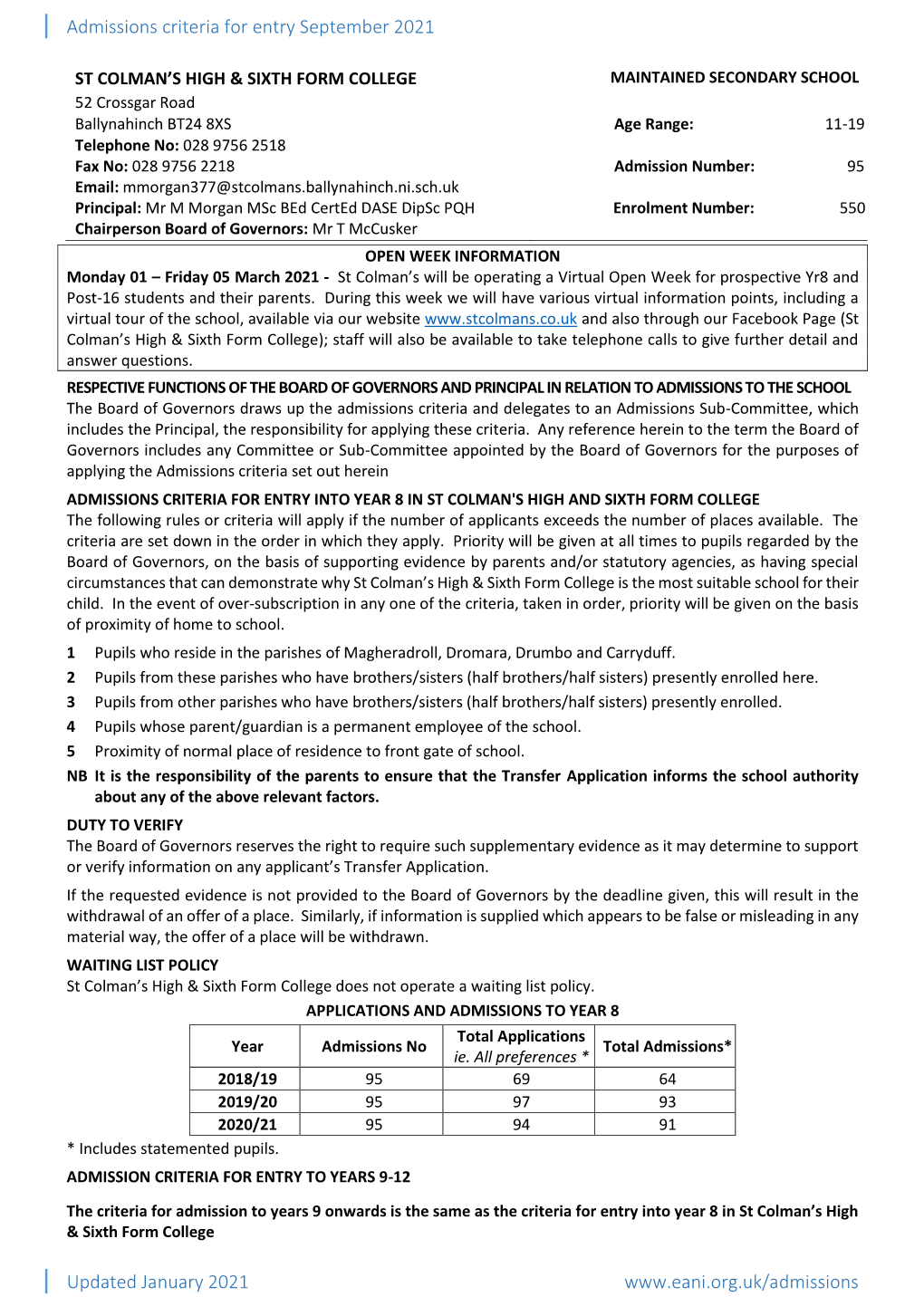 Admissions Criteria for Entry September 2021